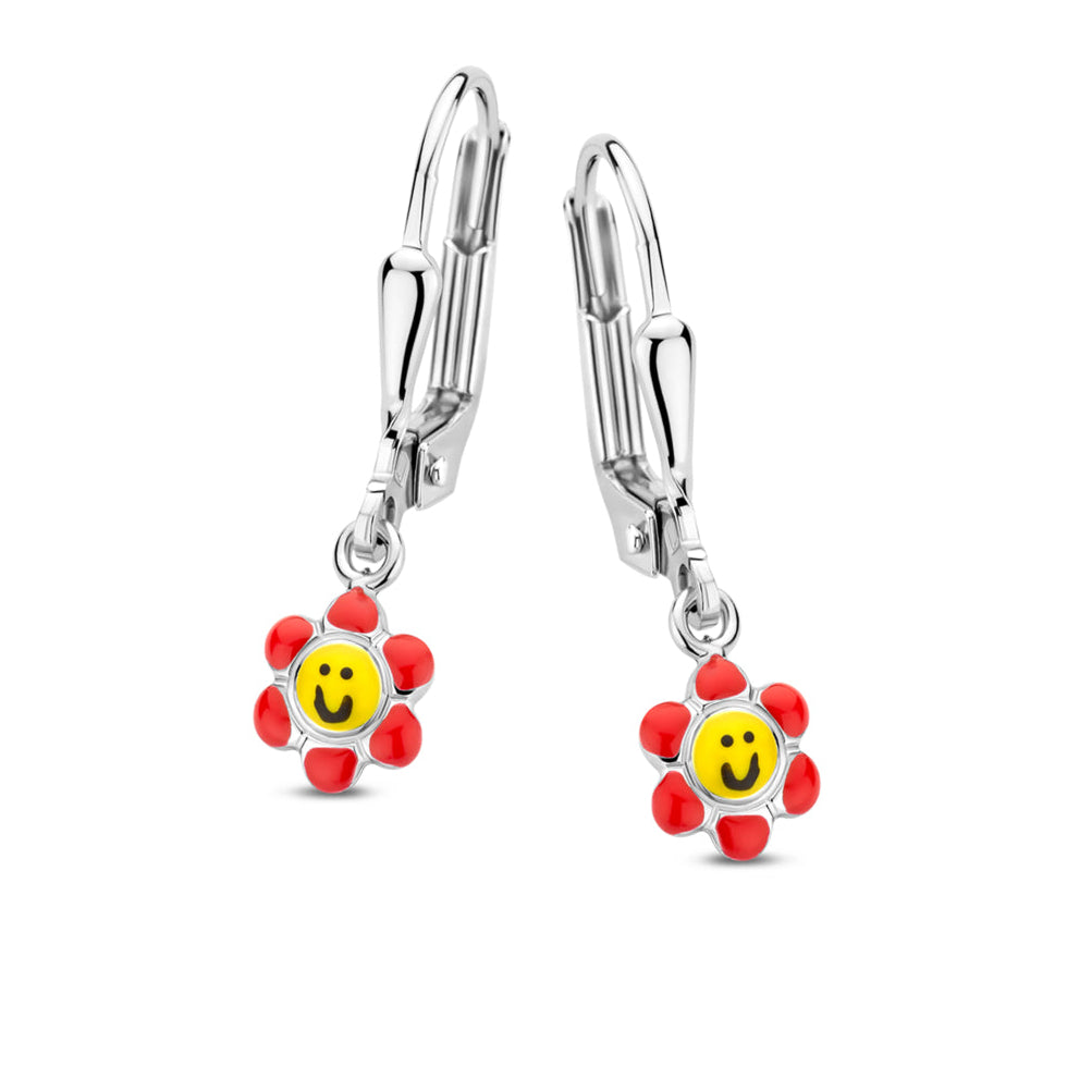 Naiomy Princess zilveren kinderhangoorbellen rood/geel bloem PD115
