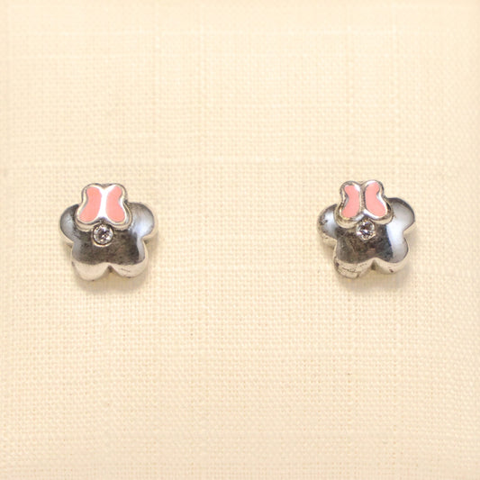 Zilveren Kids bloem met roze vlinder Oorbellen