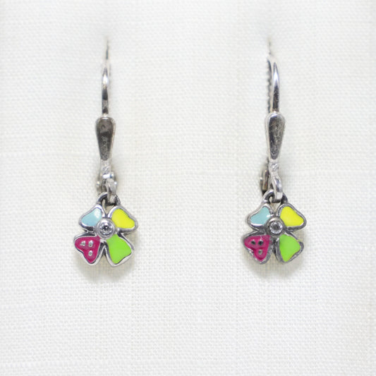 Zilveren Kids kleurrijk klavertje vier hangoorbellen