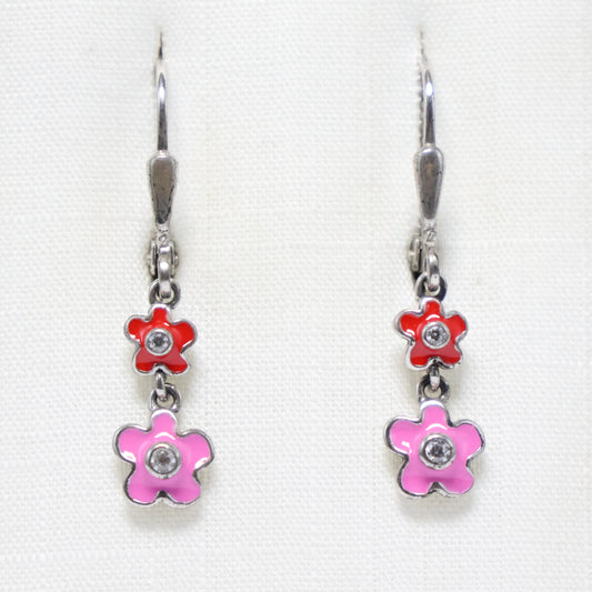 Zilveren Kids roze en rode bloem hangoorbellen