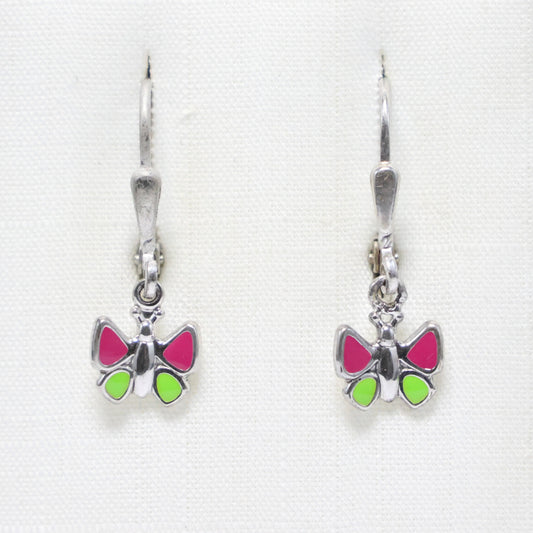 Zilveren Kids roze/groene vlinder hangoorbellen