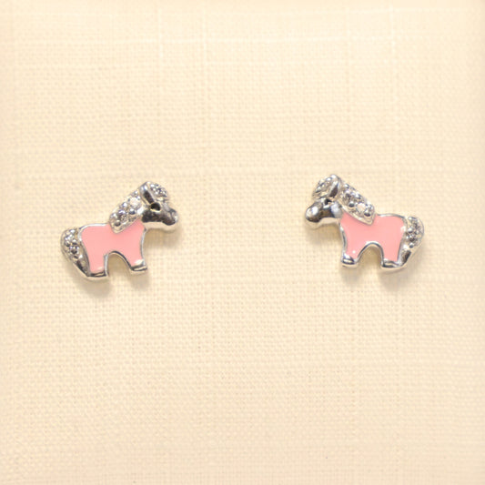 Zilveren Kids roze paardjes Oorbellen