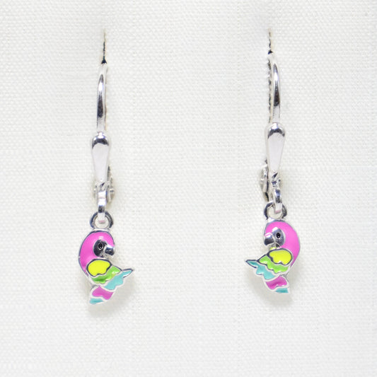 Zilveren Kids roze papegaai hangoorbellen