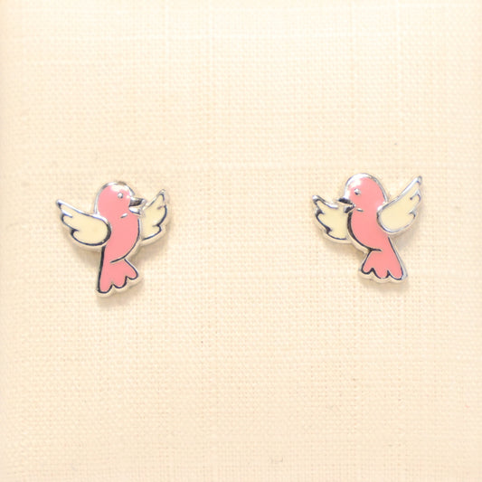 Zilveren Kids roze vogel Oorbellen