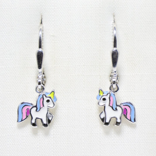Zilveren Kids witte eenhoorn hangoorbellen