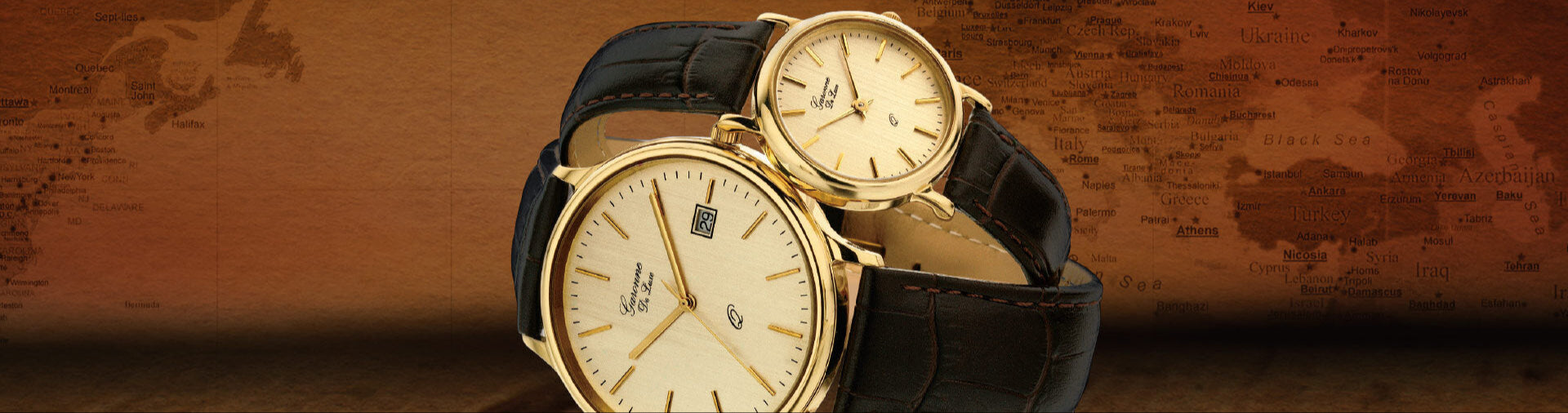 garonne horloges met gouden kast en zwarte leren band