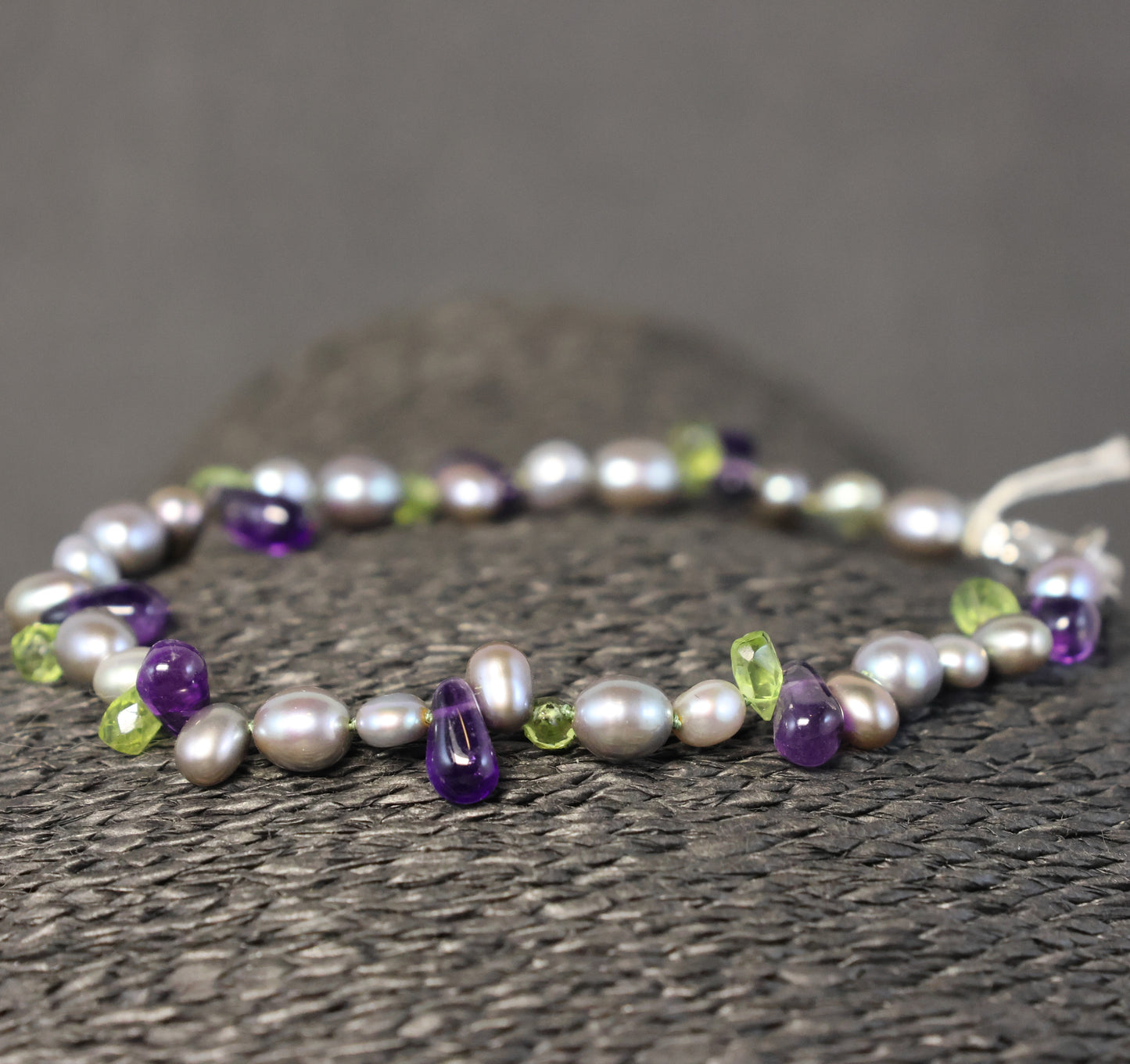 Semi-precious stone necklace combination chalcedony-rock crystal-agate-lapis lazula with silver clasp