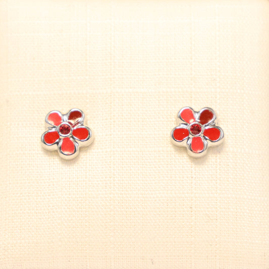 Zilveren Kids rode bloemen Oorbellen