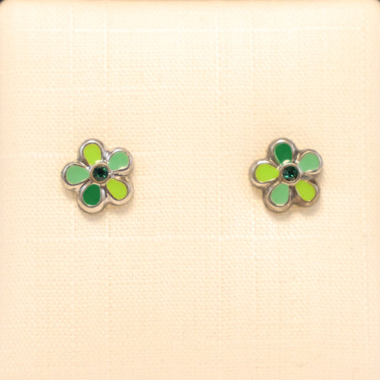 Zilveren Kids groene bloem Oorbellen