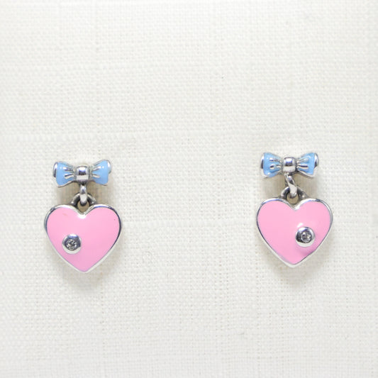Zilveren Kids roze hartje met strik hangoorbellen