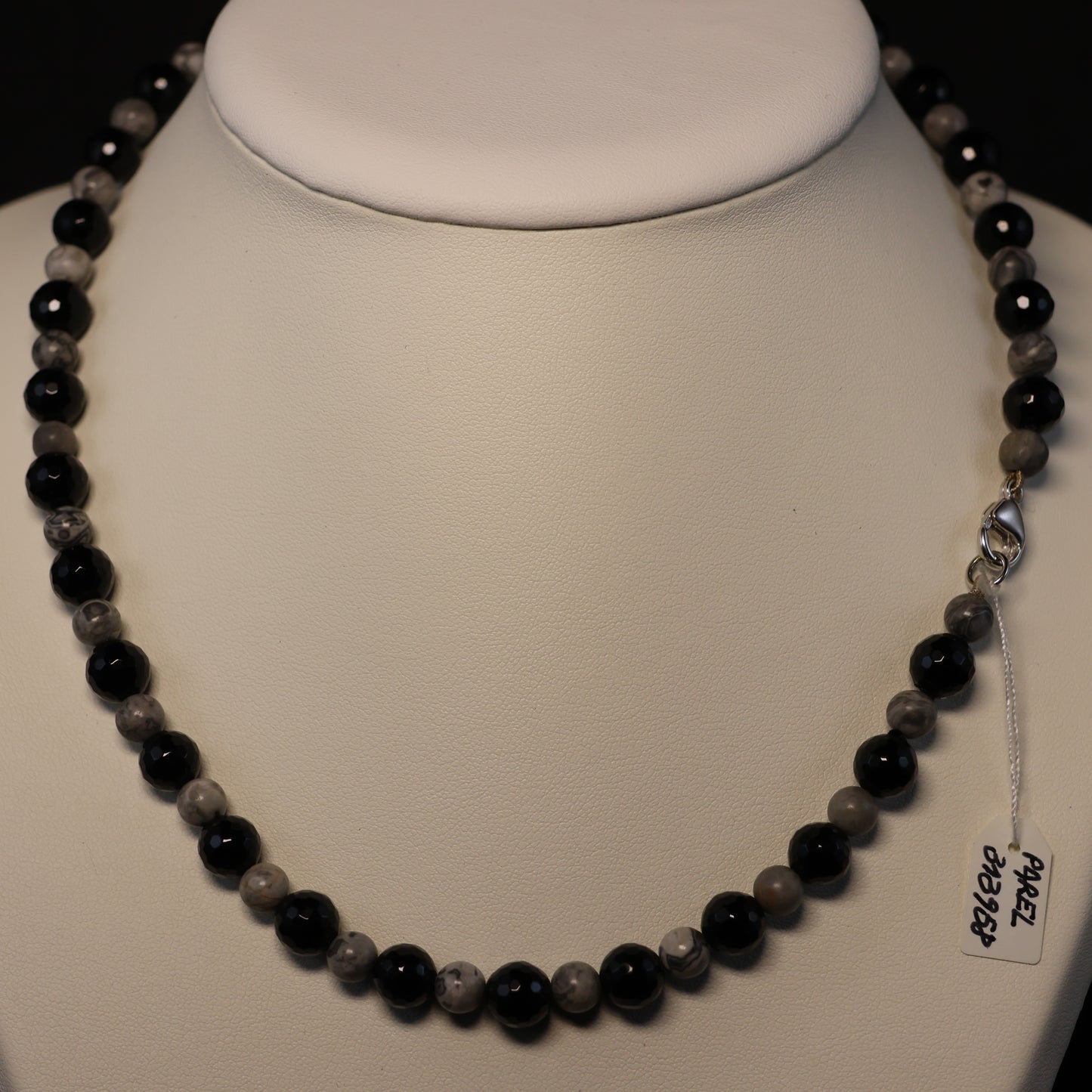 Halfedelsteen Onyx en Picasso Jaspis Halssnoer met zilveren slot 313958