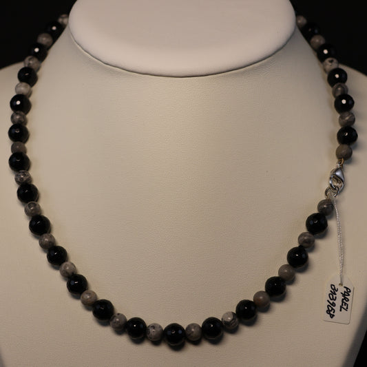 Halfedelsteen Onyx en Picasso Jaspis Halssnoer met zilveren slot 313958