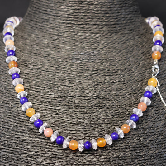Chalcedon, Roze Kwarts, Lapis Lazula Halssnoer met zilveren slot