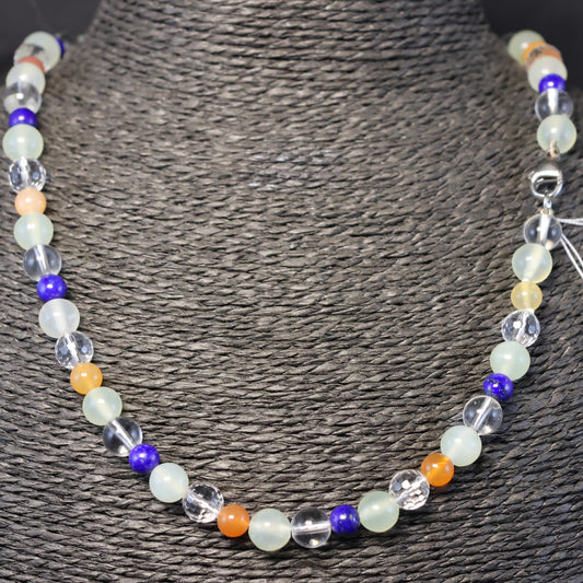 Chalcedon, Bergkristal, Agaat & Lapis Lazula Halssnoer met zilveren slot