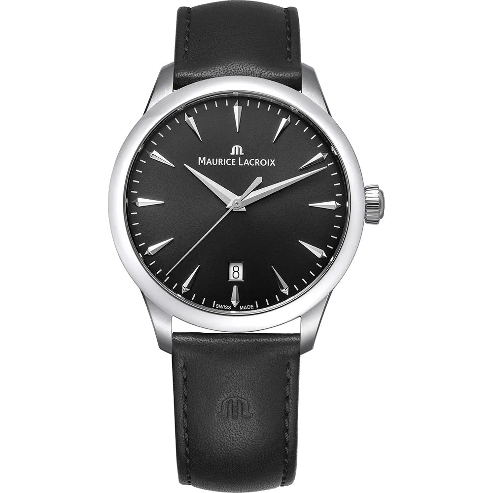 Maurice Lacroix 1975 Quartz Date 39mm 751007-SS001-330-2 zwarte leren band zwarte wijzerplaat