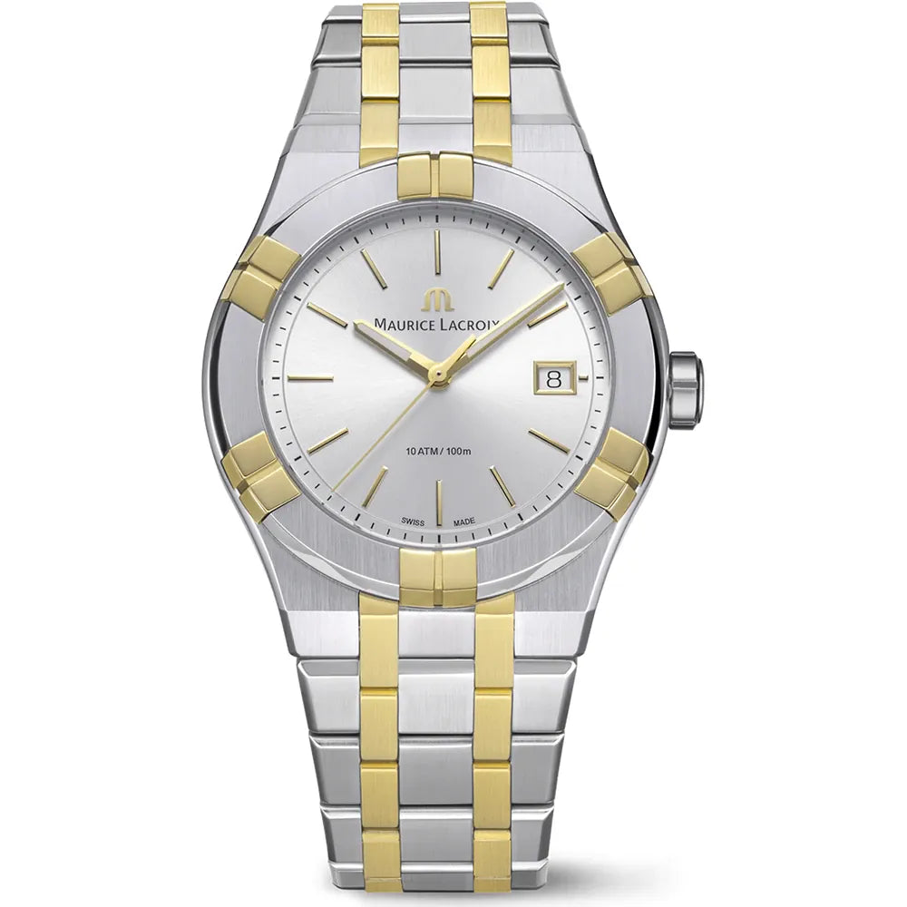Maurice Lacroix AIKON Quartz Date 40mm AI1108-PVY13-130-1 bicolor stalen band zilveren wijzerplaat