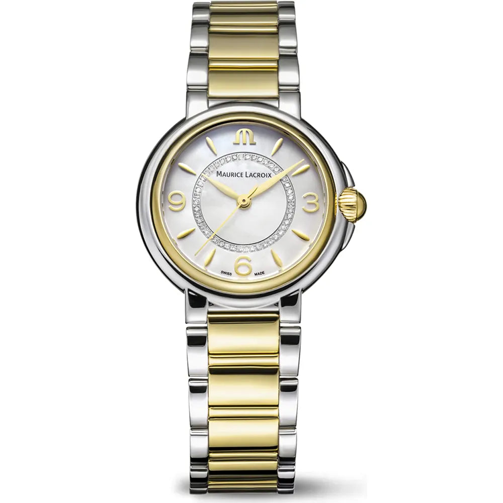 Maurice Lacroix FIABA Date Date 32mm 46 Diamonds FA1104-SSY13-B20-1 bicolor stalen band parelmoer wijzerplaat