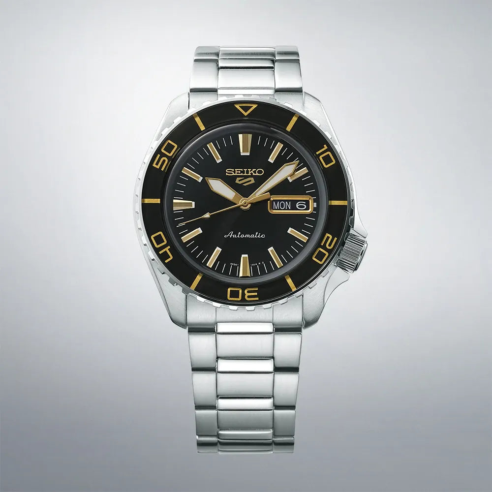 Seiko 5 Sports SRPK99K1 zwart/goud retro wijzerplaat horloge