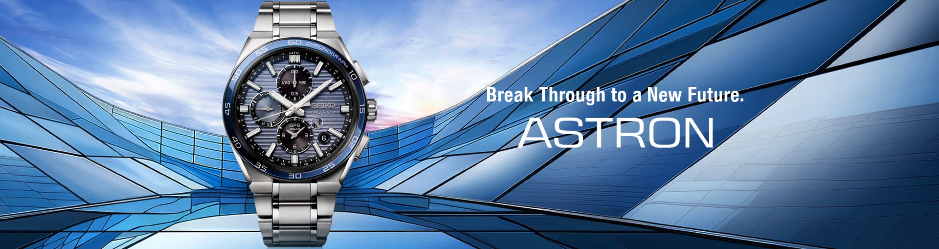 seiko astron marketing banner of a seiko astron with blue wijzerplaat