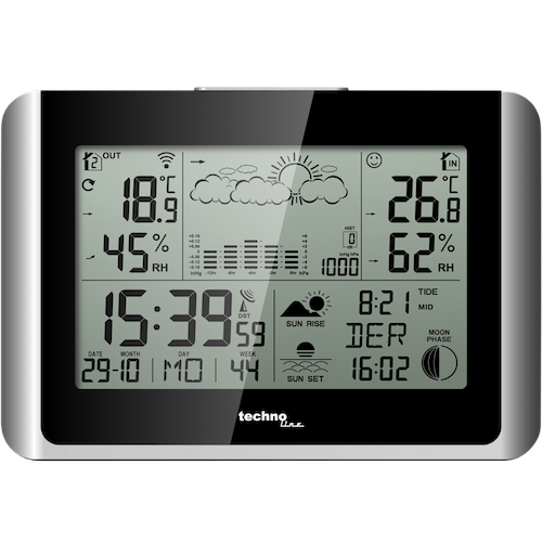 Zwart technoline radiogestuurd weerstation met weergave van temperatuur binnen en buiten, tijd, luchtvochtigheid, datum, luchtdruk, bewolking, maanfase, zon opkomst, ...