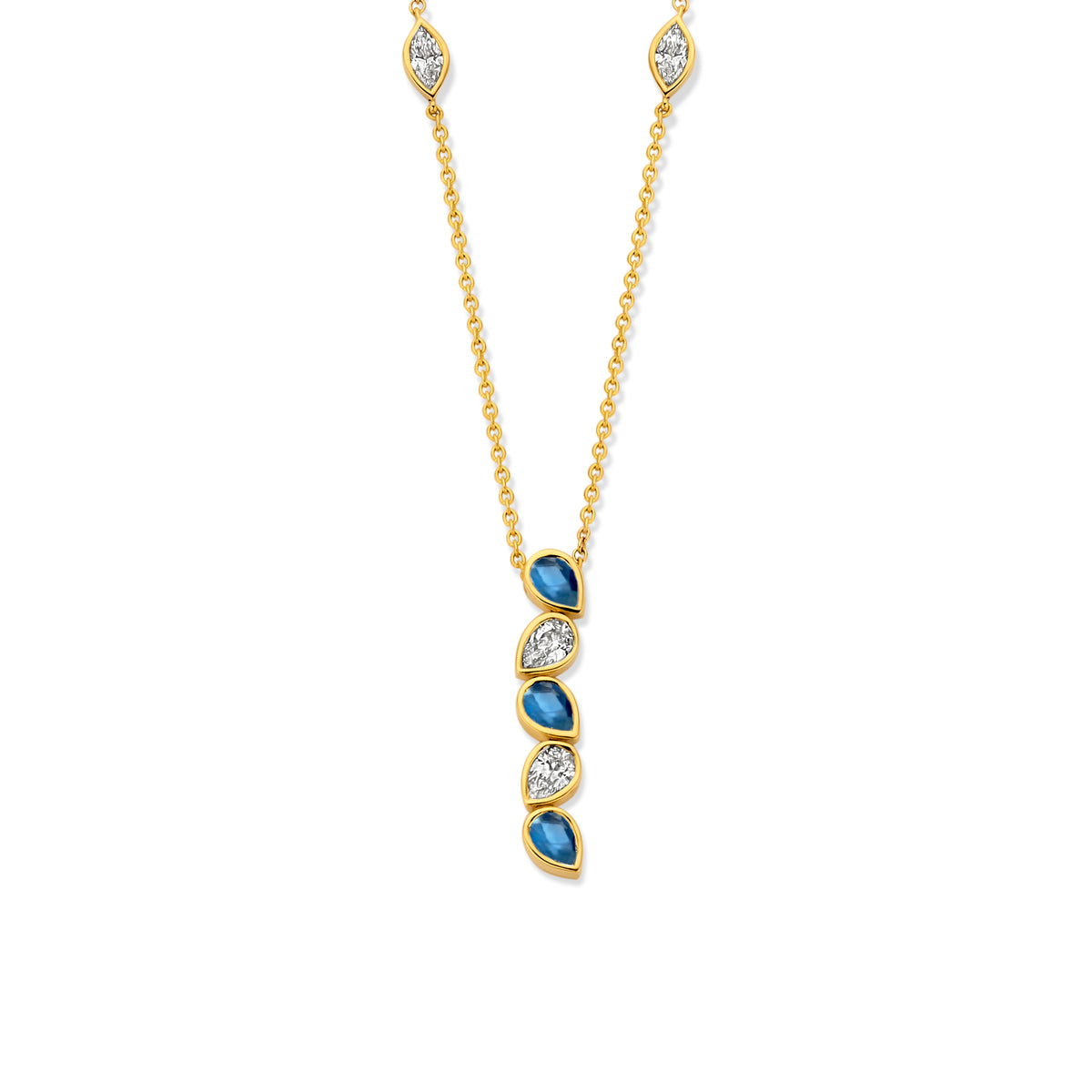 18karaat geel gouden ketting met tussenstuk met briljant en saffier 068695/SA