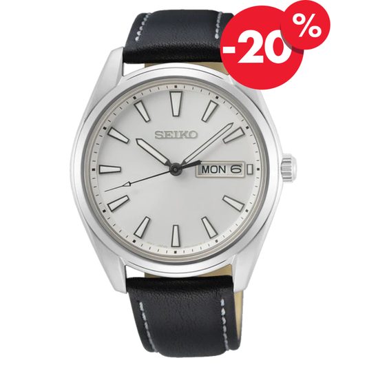 Seiko herenhorloge SUR447P1 date leren band white dial