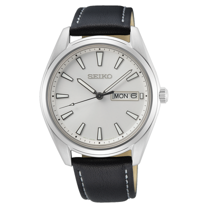 Seiko herenhorloge SUR447P1 date leren band white dial