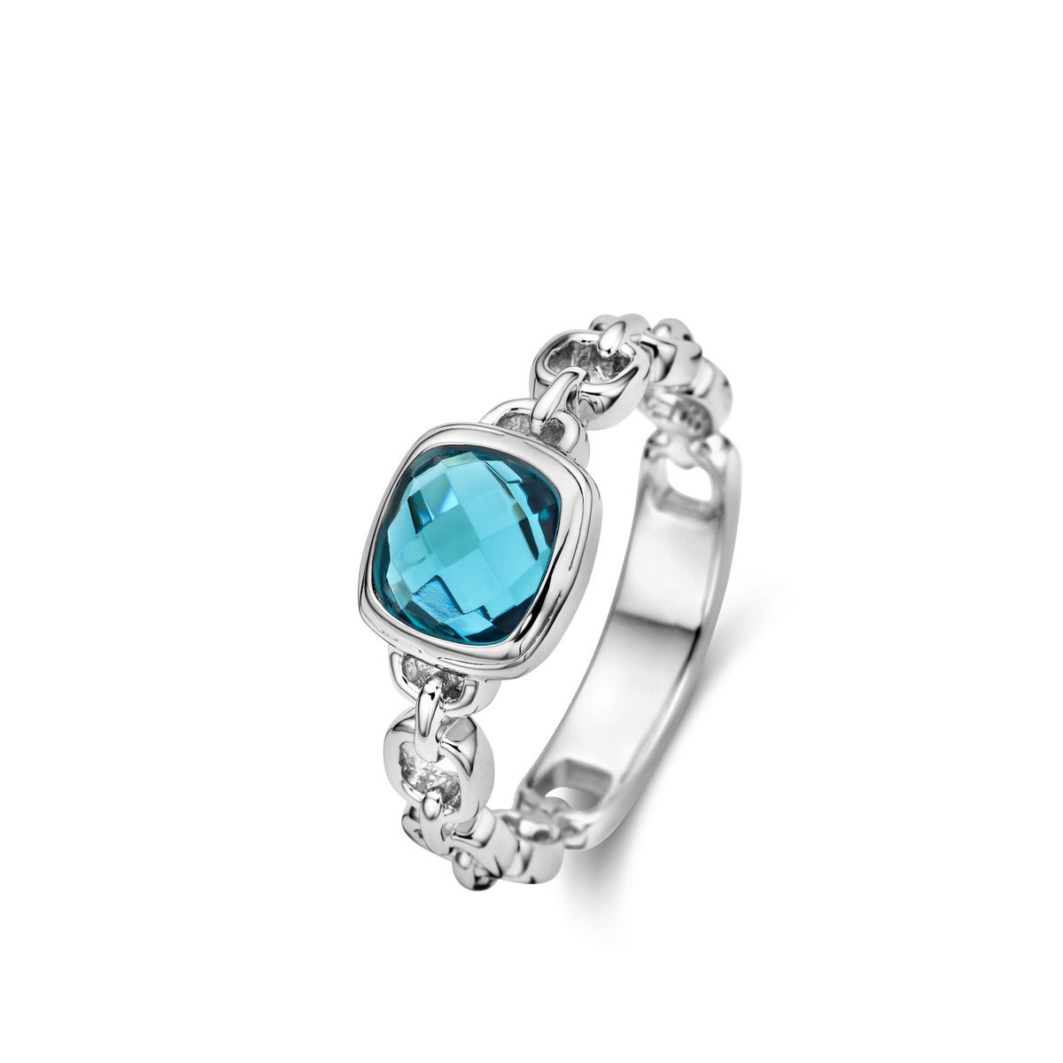 Naiomy Silver zilveren ring met Kettingpatroon en Blauwe steen N3V54