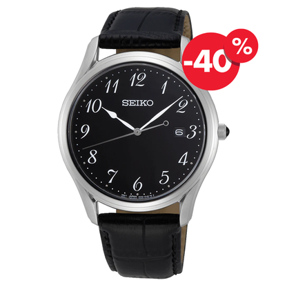Seiko herenhorloge SUR305P1 leren band black dial Arabische cijfers