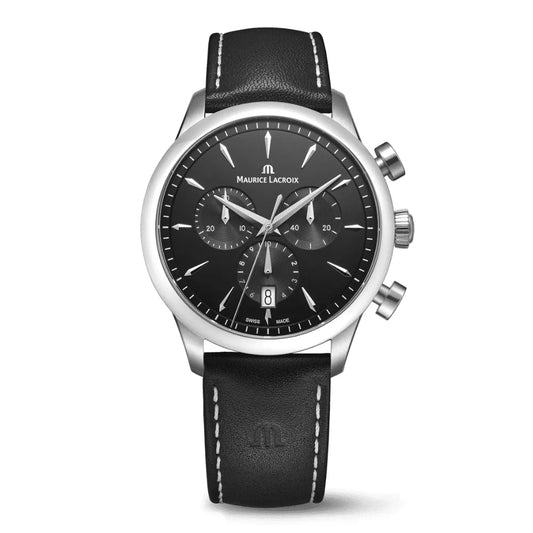 Maurice Lacroix horloge 1975 Quartz Chronograph 40mm 751038-SS001-330-2 zwarte leren band zwarte wijzerplaat