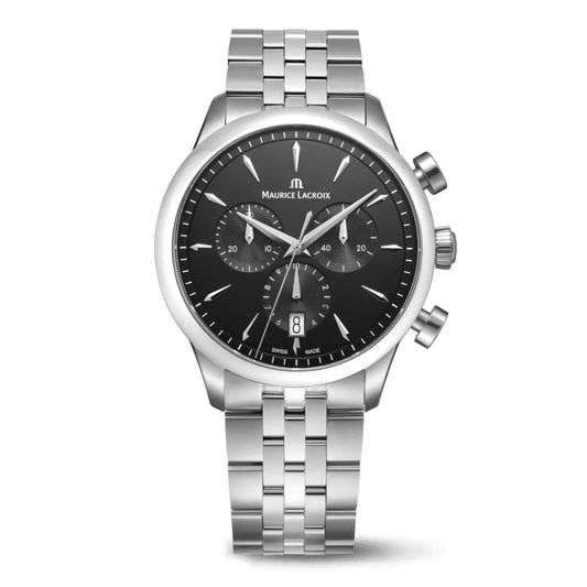 Maurice Lacroix horloge 1975 Quartz Chronograph 40mm 751038-SS002-330-1 stalen band zwarte wijzerplaat