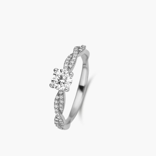 Solitaire ring with side stones Au750 witgoud
