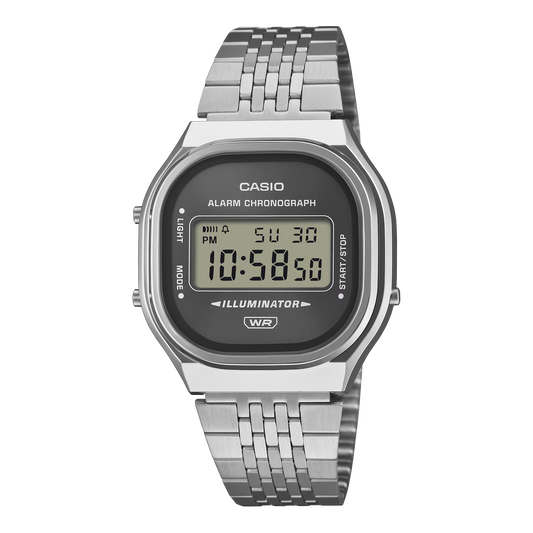 Casio horloge A140WE-8AEF vintage zilver afgeronde black dial
