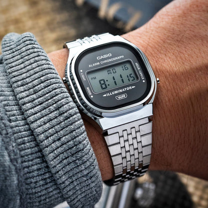 Casio horloge A140WE-8AEF vintage zilver afgeronde black dial