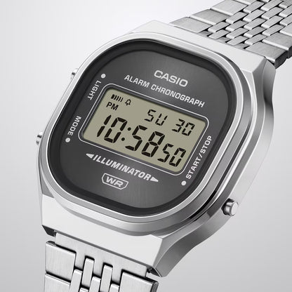 Casio horloge A140WE-8AEF vintage zilver afgeronde black dial