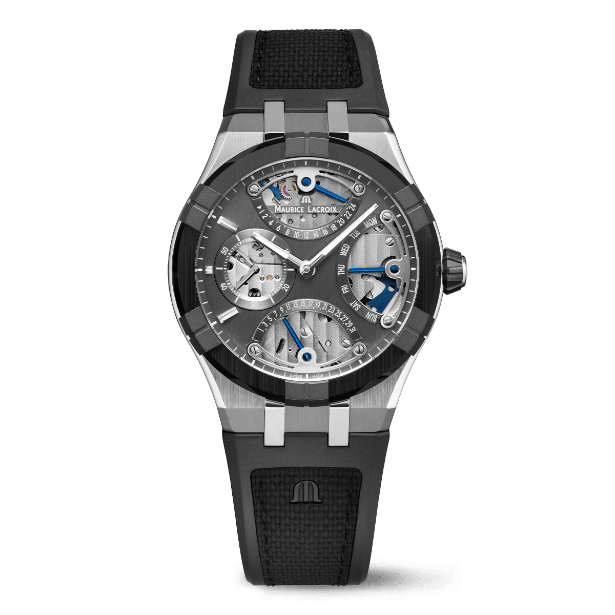 Maurice Lacroix AIKONIC MASTER TRIPLE RETROGRADE AUTOMATIC AC6068-SSL20-230-2 zwarte rubberen nylon band grijze wijzerplaat met subdials
