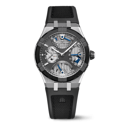 Maurice Lacroix AIKONIC MASTER TRIPLE RETROGRADE AUTOMATIC AC6068-SSL20-230-2 zwarte rubberen nylon band grijze wijzerplaat met subdials