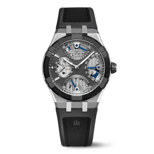 Maurice Lacroix AIKONIC MASTER TRIPLE RETROGRADE AUTOMATIC AC6068-SSL20-230-2 zwarte rubberen nylon band grijze wijzerplaat met subdials