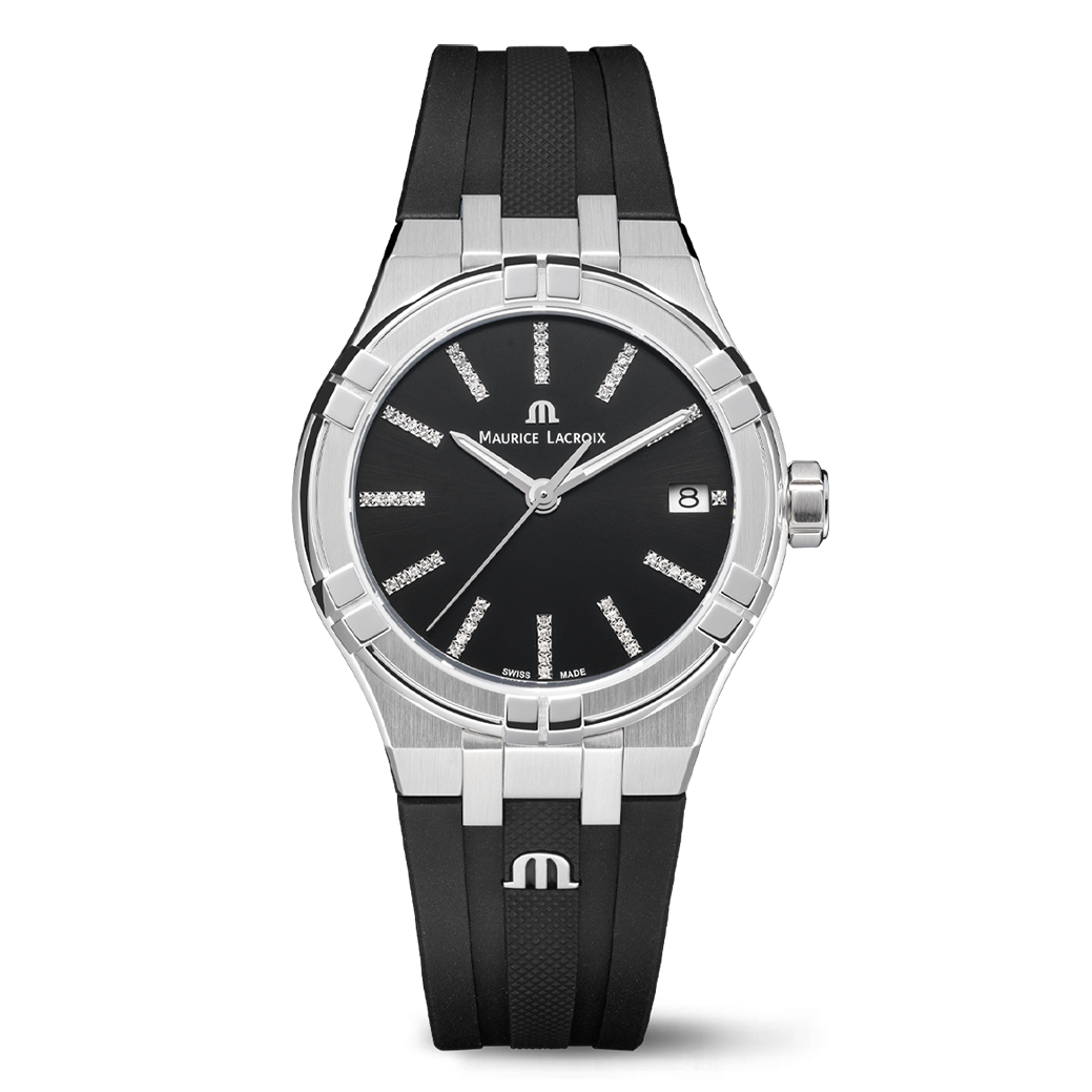 Maurice Lacroix AIKON Quartz Date 35mm AI1106-SS000-350-2 zwarte rubberen band zwarte wijzerplaat met diamanten