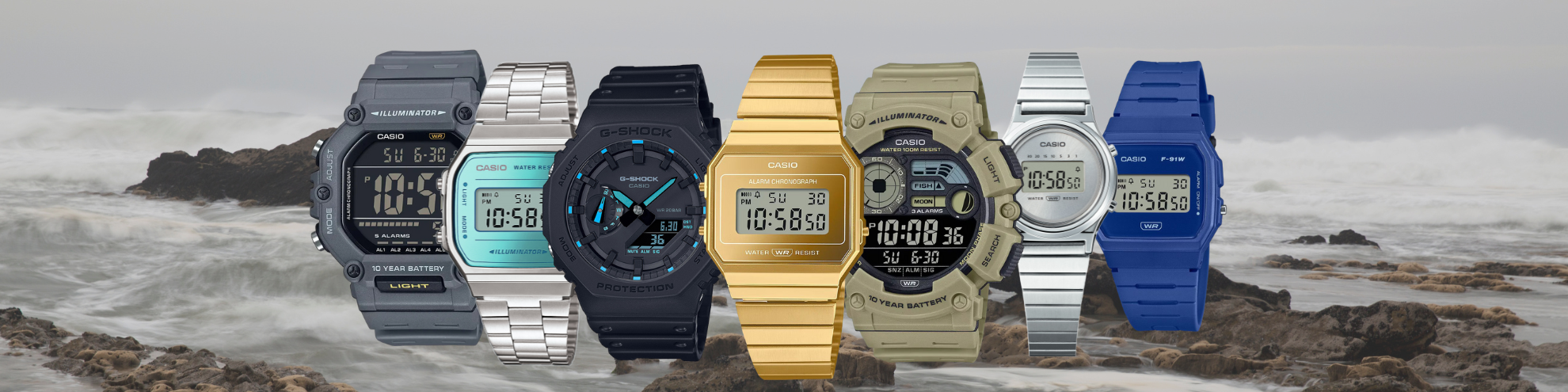 banner met casio horloges van verschillende reeksen als vintage, basic, g-shock