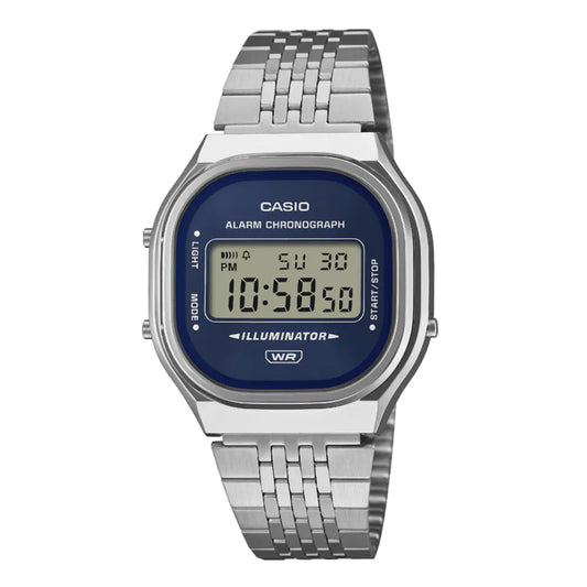 Casio horloge A140WE-2AEF vintage zilver afgeronde blue dial