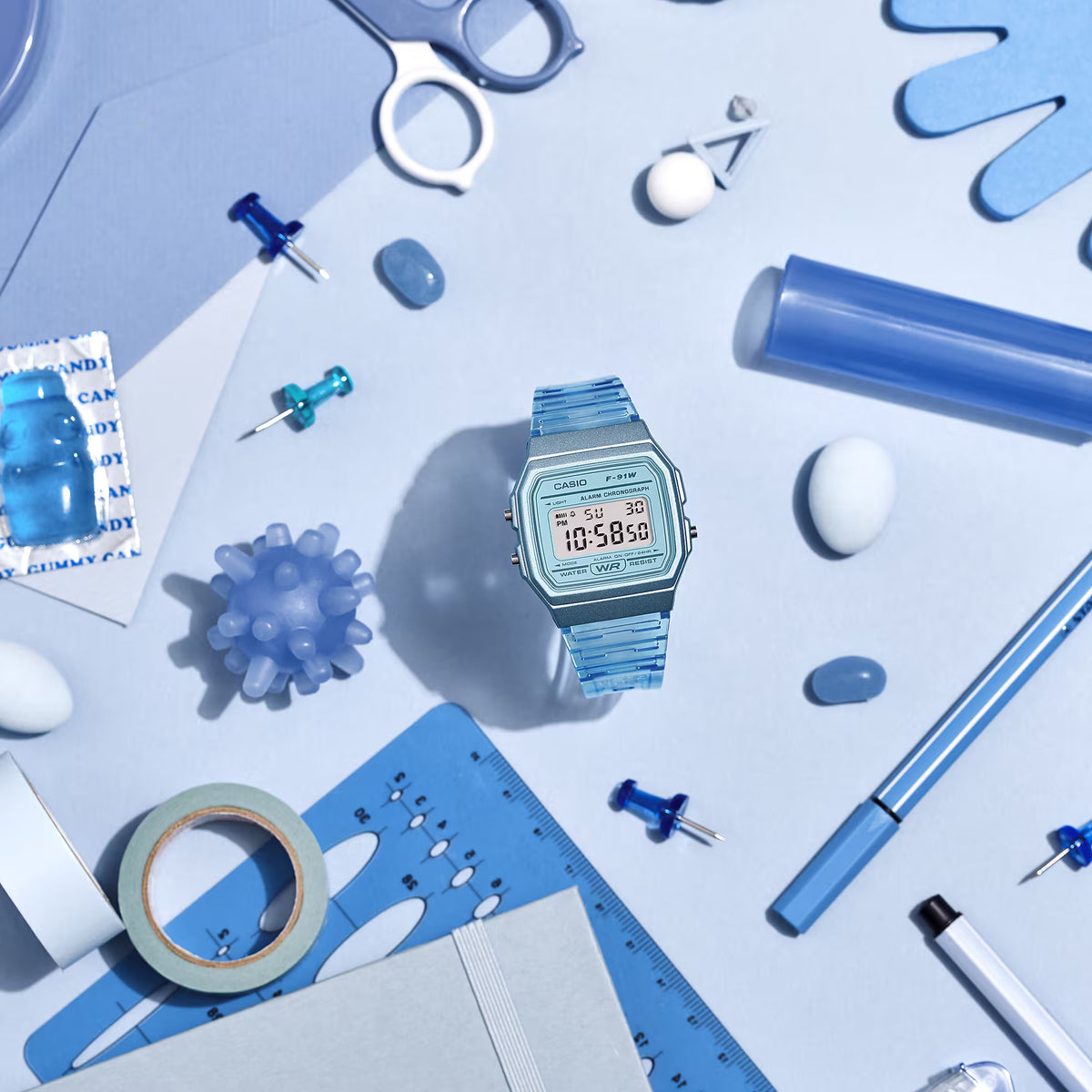 Casio horloge unisex F-91WS-2EF timeless transparant blauw