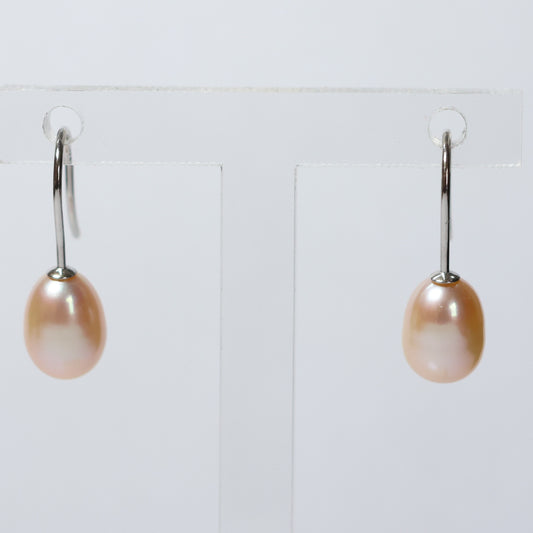 Parel hangoorbellen zilver roze biwa parel 7mm