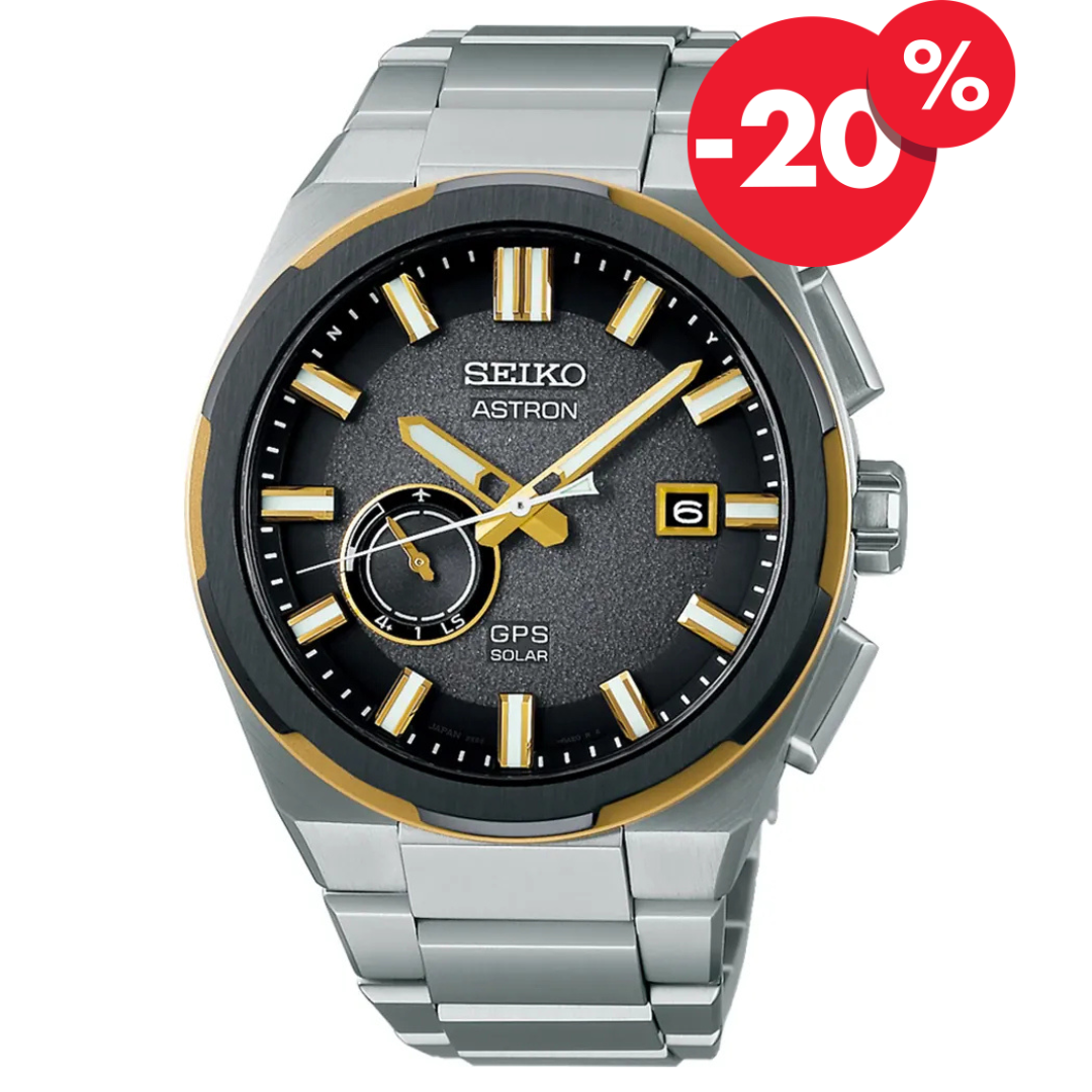 Seiko Astron SSJ026J1 titanium herenhorloge GPS solar gold/black dial met 20% korting