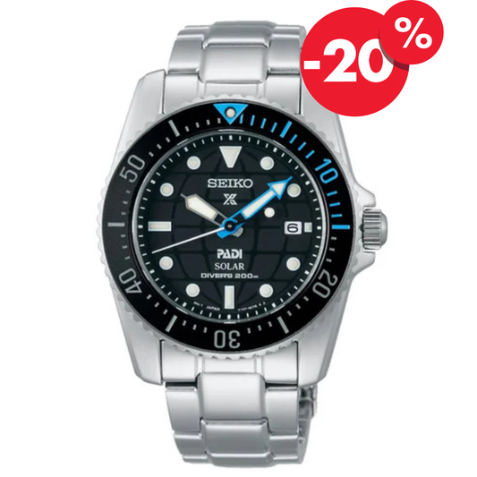 Seiko horloge SNE575P1 Prospex PADI heren quartz solar zwart met 20% korting