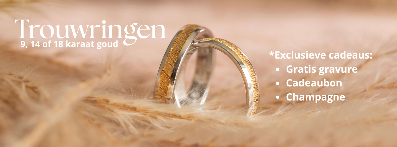 trouwringen banner voor de homepagina met bicolor gouden trouwringen als foto