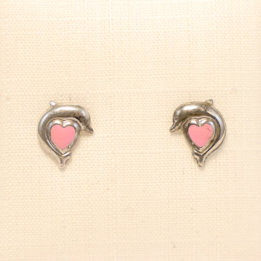 Zilveren Kids roze hartjes dolfijnen Oorbellen