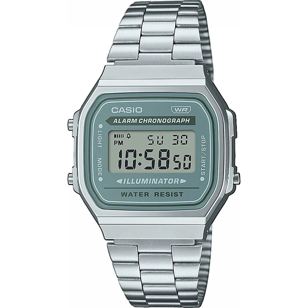 Casio horloge A168WA-3AYES vintage zilver blauw-groene dial