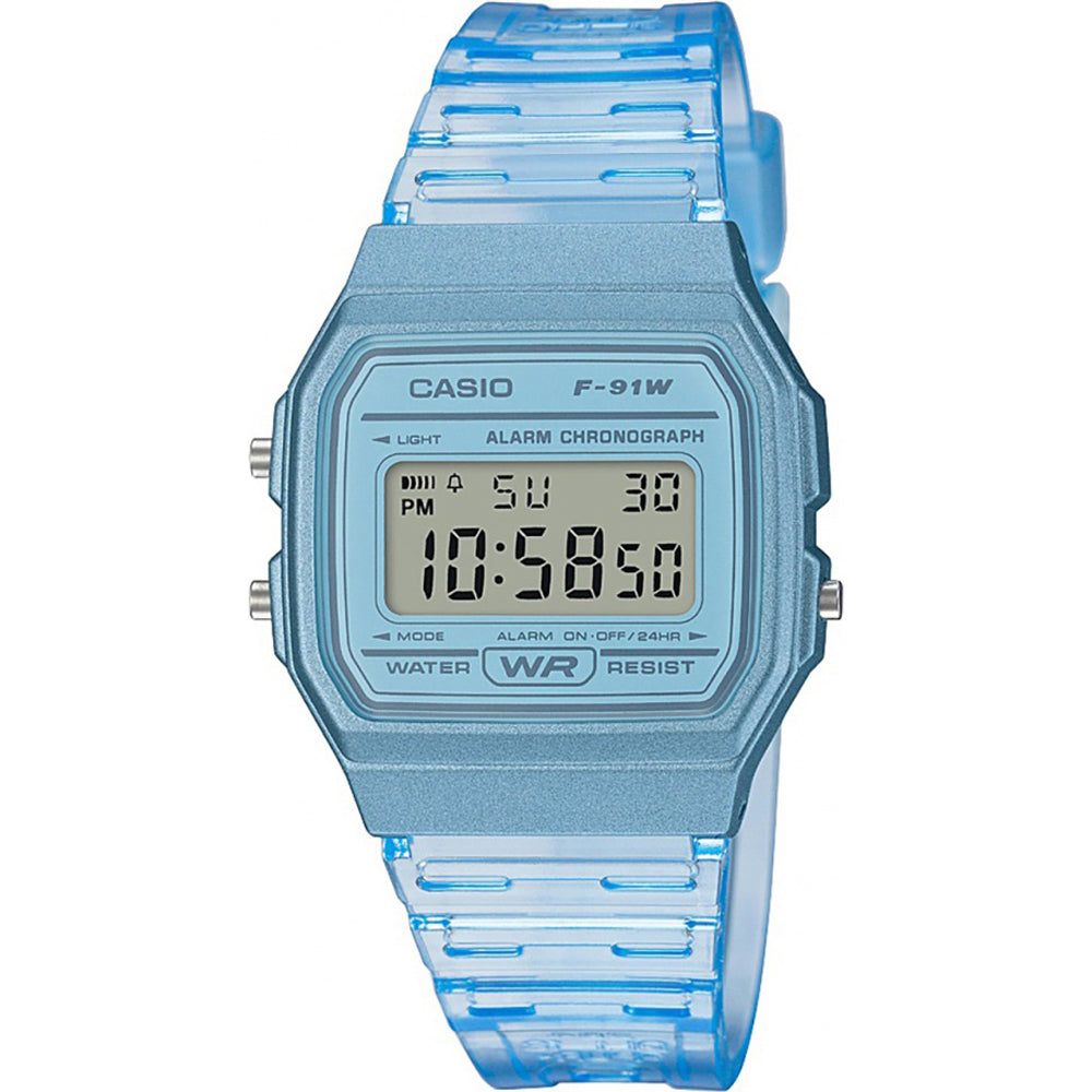 Casio horloge unisex F-91S-2EF timeless transparant blauw