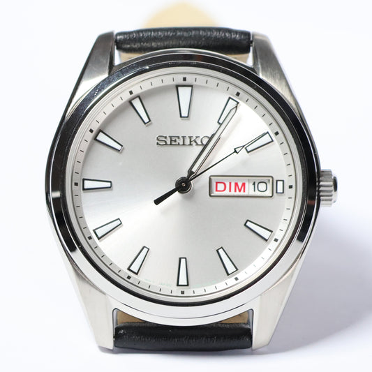 Seiko herenhorloge SUR447P1 date leren band white dial